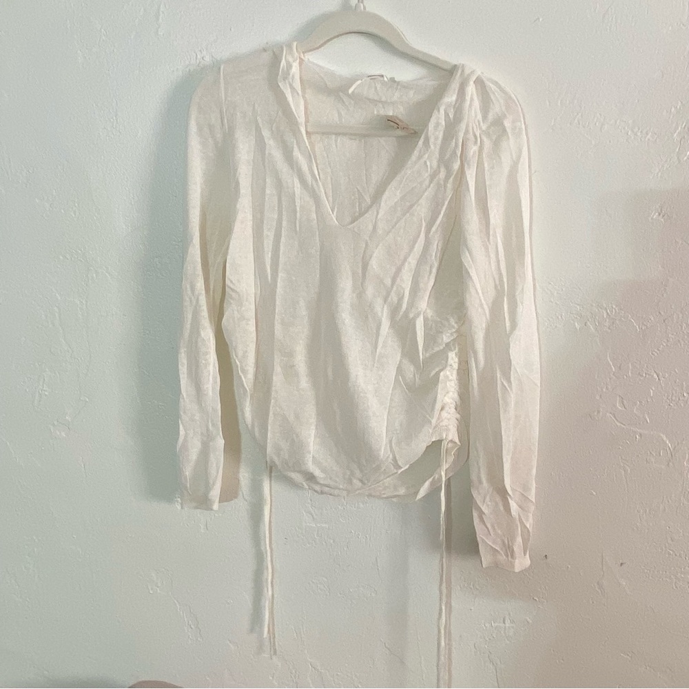 By Anthropologie Linen Mesh Sheer Hoodie with Scrunch Drawstring Sides Small New